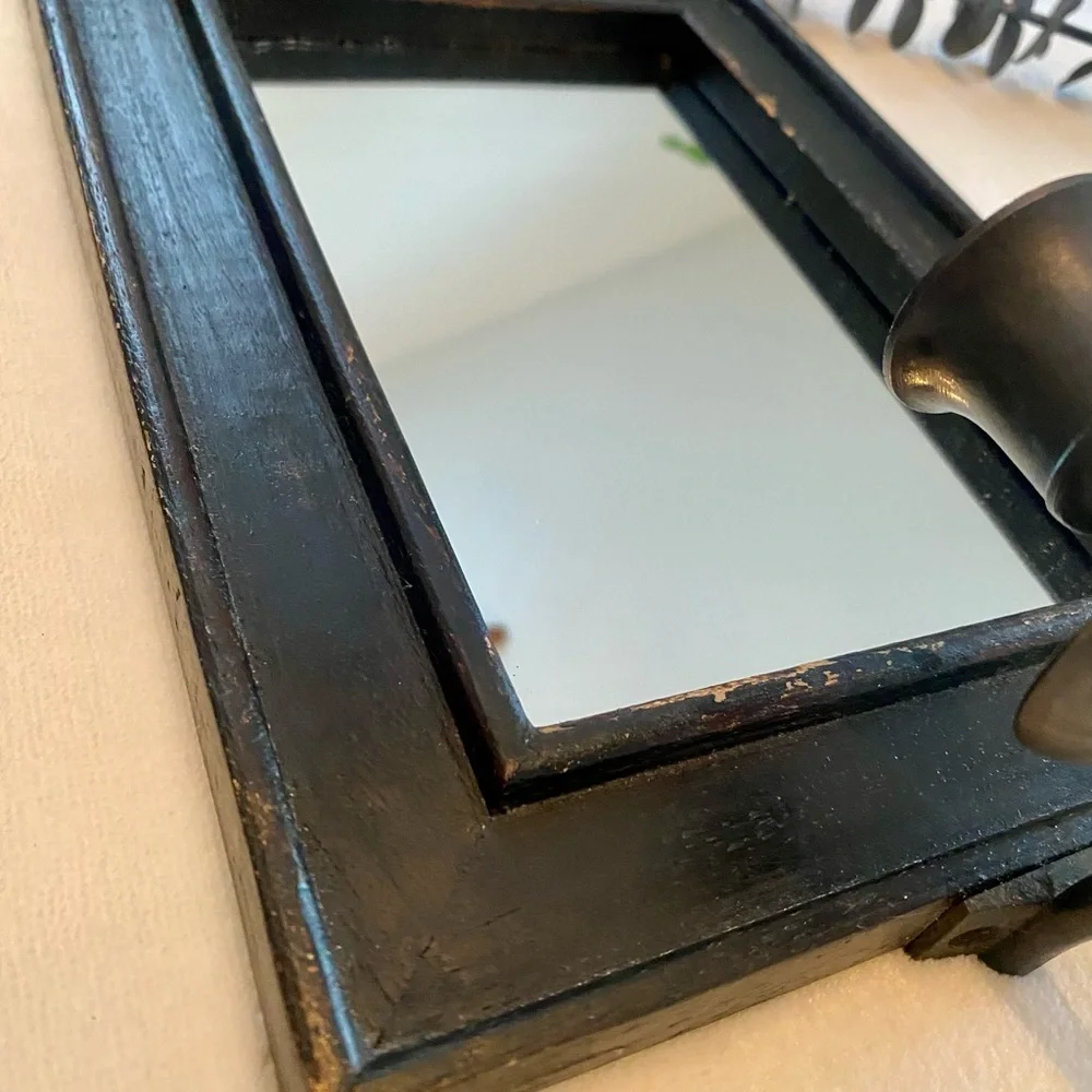 Set of 2 Rustic Wooden Beveled Mirror w/ Metal Candle Holder